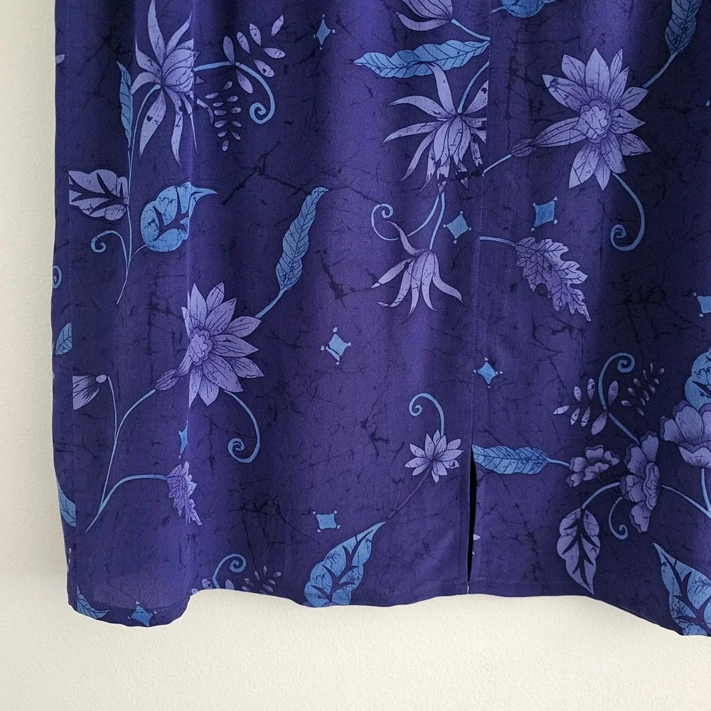 Vintage 100% Silk Midi Skirt 16 Purple Blue Dark Floral Pencil Whimsigoth 90s 00